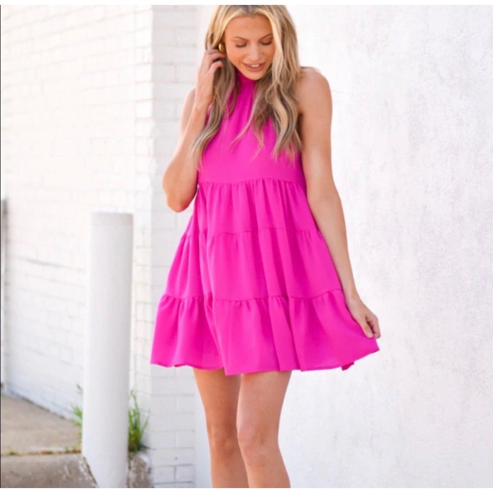 The Impeccable Pig Magenta Tiered Ruffle Mock Neck Dress Small NWT